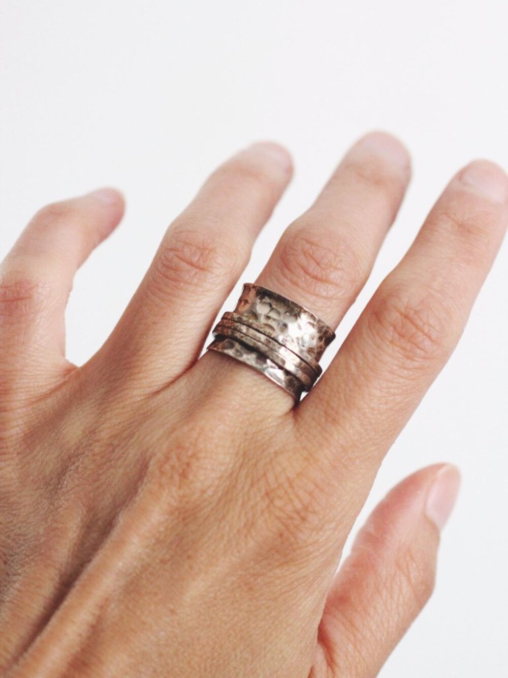 Hammered Sterling Silver Spinner Ring Vintage Boho Wide Band Meditation Anxiety